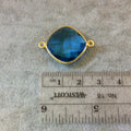 Gold Finish Faceted Diamond Shaped Azure Blue Quartz Bezel Two Ring Connector Component - Measuring 18mm x 18mm - Natural Gemstone