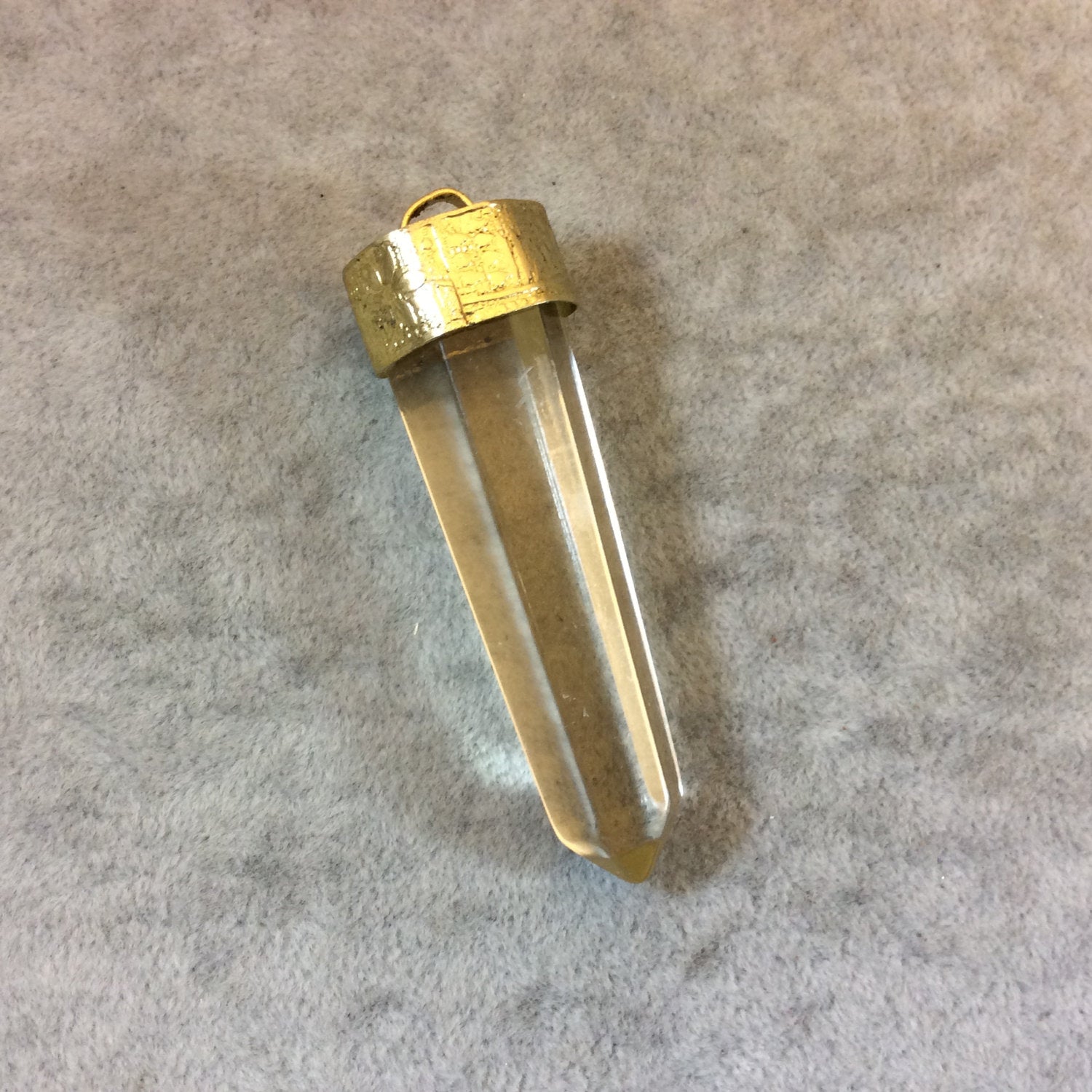 SALE - 2.5&quot; Long Faux Crystal Point Shaped Clear Acrylic Pendant with Gold Floral Cap - Measuring 20mm x 63mm, Approximately