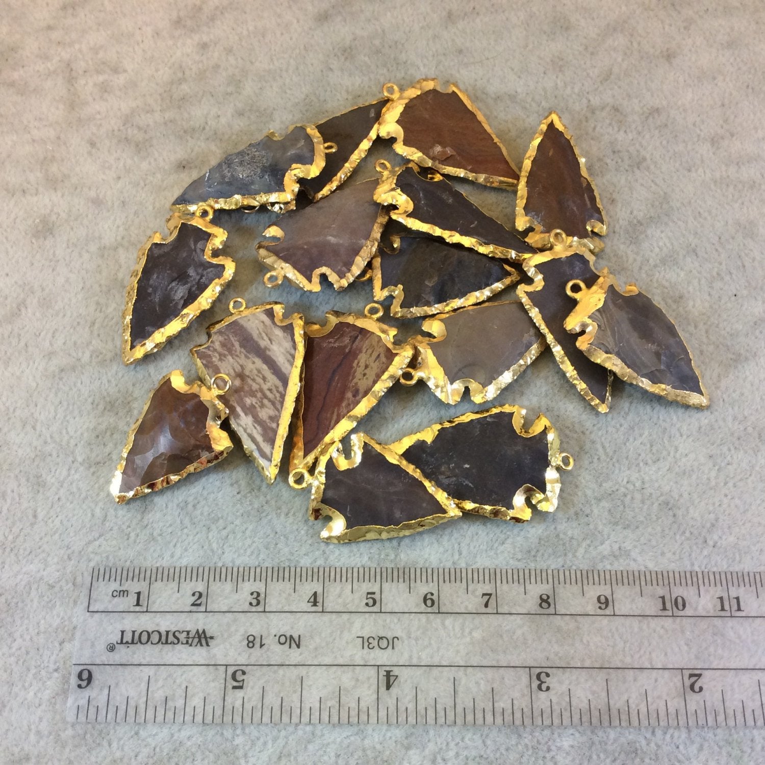 1-1.5" Gold Finish Arrowhead Shaped Electroplated Mixed Jasper Pendant - Measuring 30mm-40mm Long - Sold Individually, Randomly Chosen