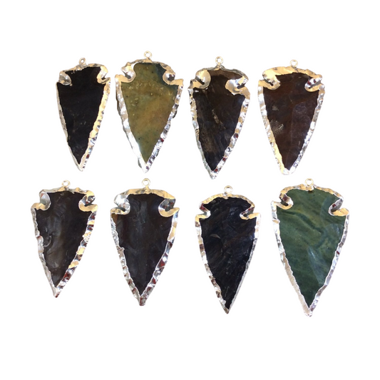 1.5-2" Silver Finish Arrowhead Shaped Electroplated Mixed Jasper Pendant - Measuring 40mm-50mm Long - Sold Individually, Randomly Chosen