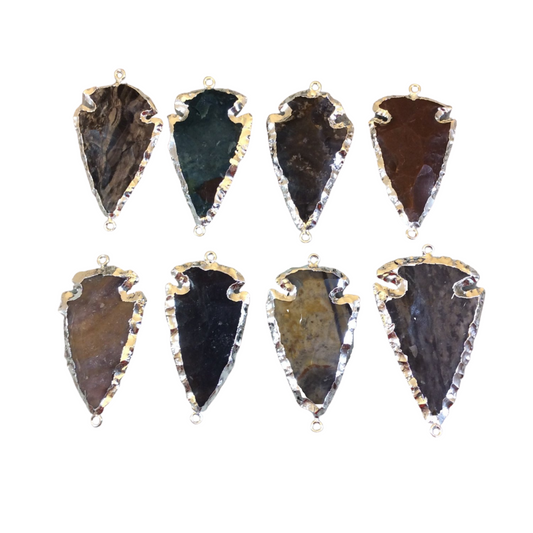 1.5-2" Silver Finish Arrowhead Shaped Electroplated Mixed Jasper Connector - Measuring 40mm-50mm Long - Sold Individually, Randomly Chosen