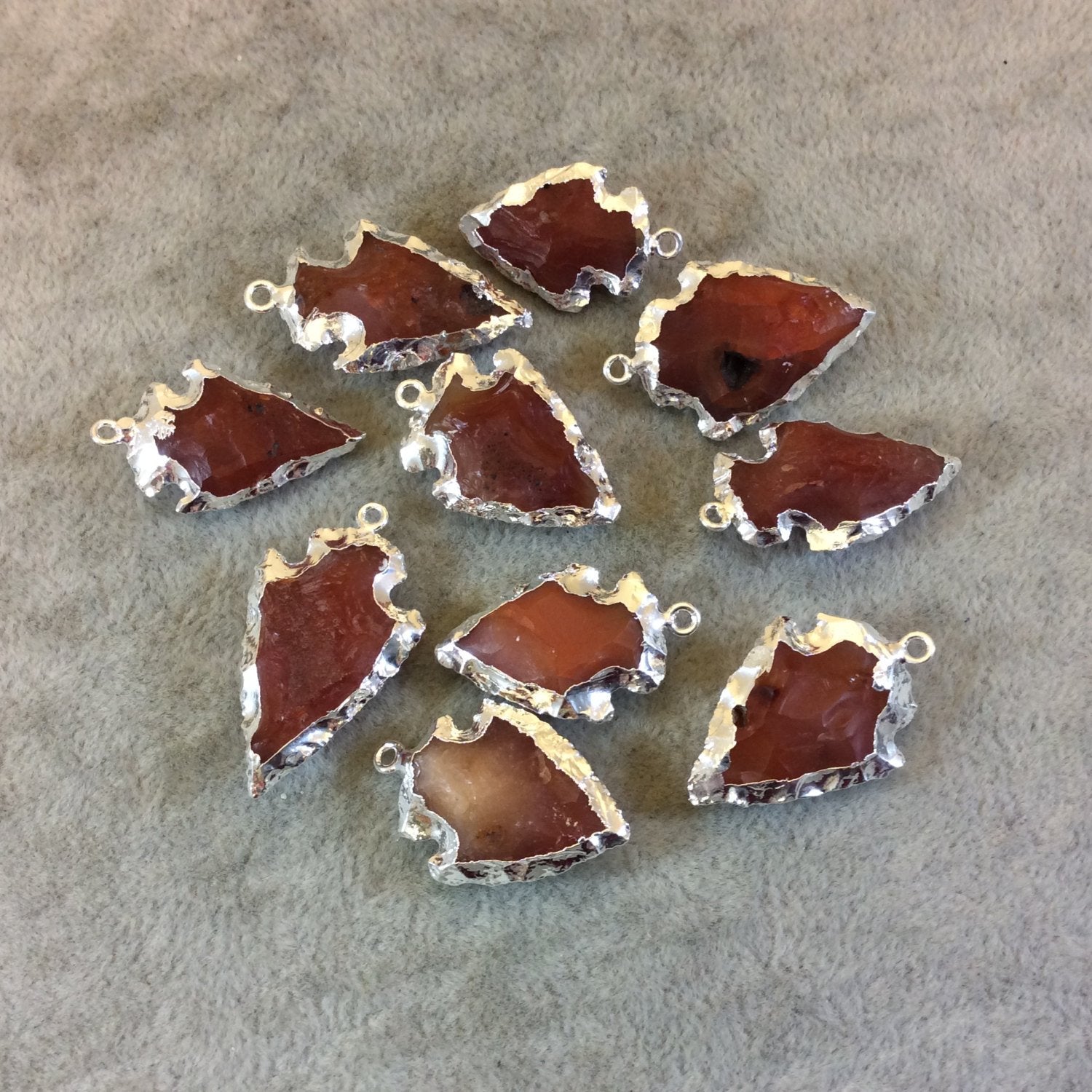 0.75-1.25" Silver Finish Arrowhead Shaped Electroplated Carnelian Pendant - Measuring 20mm-30mm Long - Sold Individually, Randomly Chosen