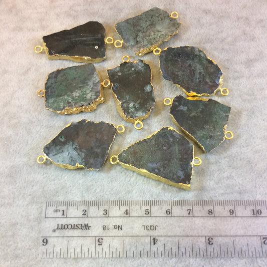 Gold Electroplated Green Moss Agate Freeform Slice/Slab Focal Connector - Measuring 25mm x 35mm Approximately - Sold Individually, Random