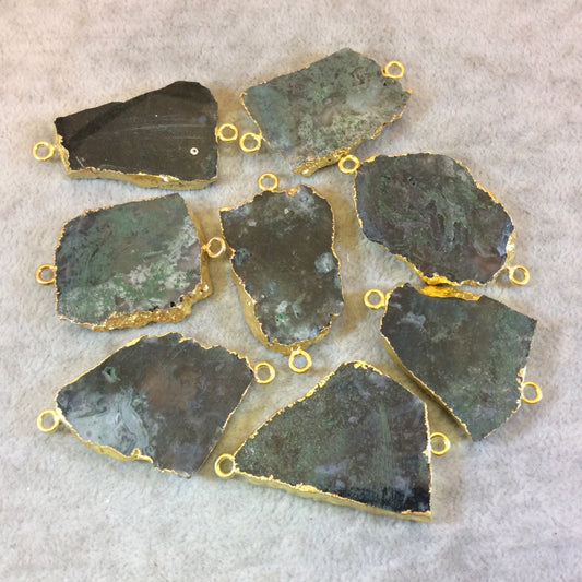 Gold Electroplated Green Moss Agate Freeform Slice/Slab Focal Connector - Measuring 25mm x 35mm Approximately - Sold Individually, Random