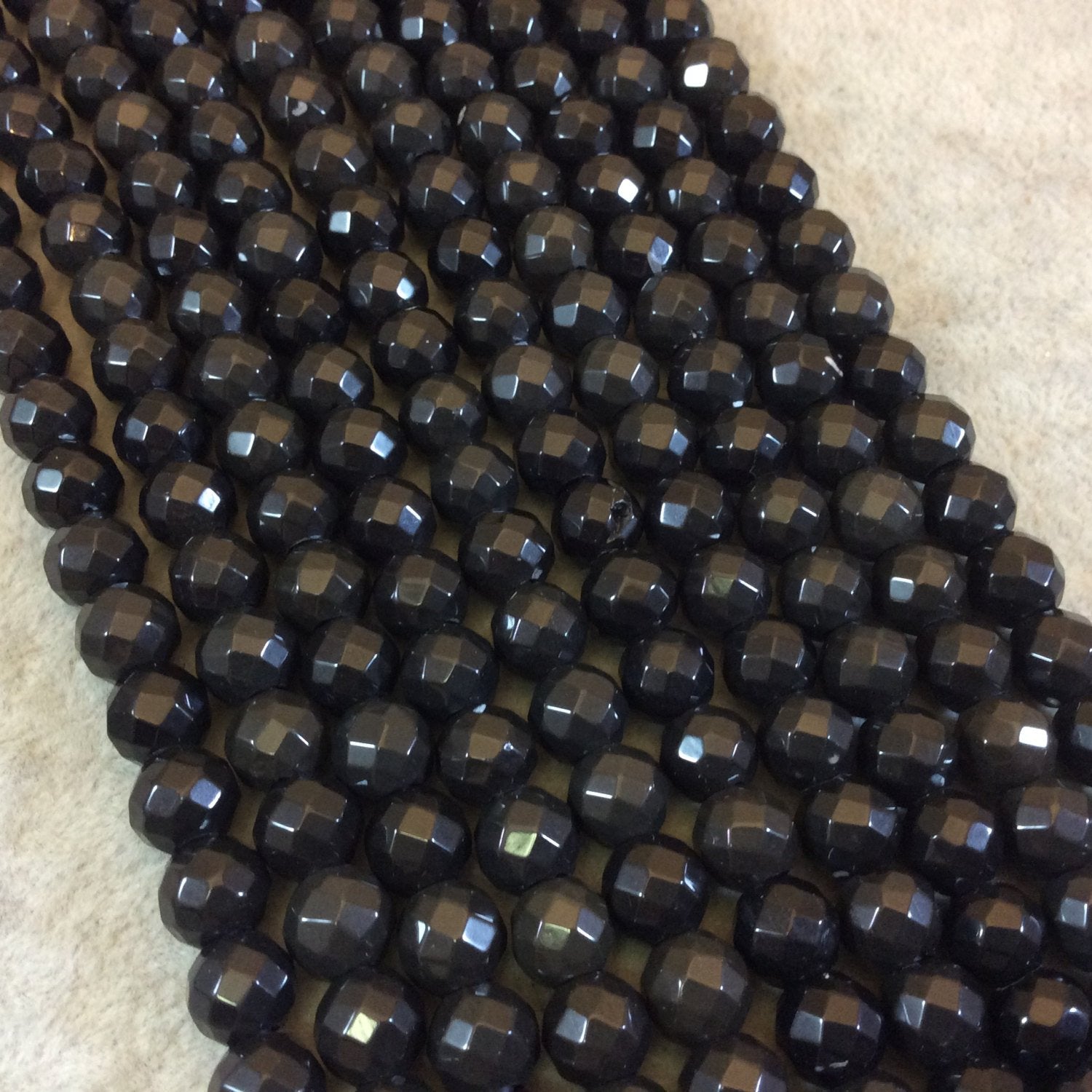 8mm Natural Jet Black Obsidian Faceted Round/Ball Shaped Beads with 2mm Holes - 7.75" Strand (Approx. 25 Beads) - LARGE HOLE BEADS