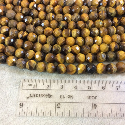 8mm Natural Brown Tiger Eye Faceted Round/Ball Shaped Beads with 2.5mm Holes - 7.75" Strand (Approx. 25 Beads) - LARGE HOLE BEADS