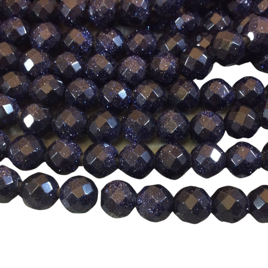 10mm Sparkling Dark Blue Goldstone Faceted Round/Ball Shaped Beads with 2.5mm Holes - 7.75" Strand (Approx. 20 Beads) - LARGE HOLE BEADS