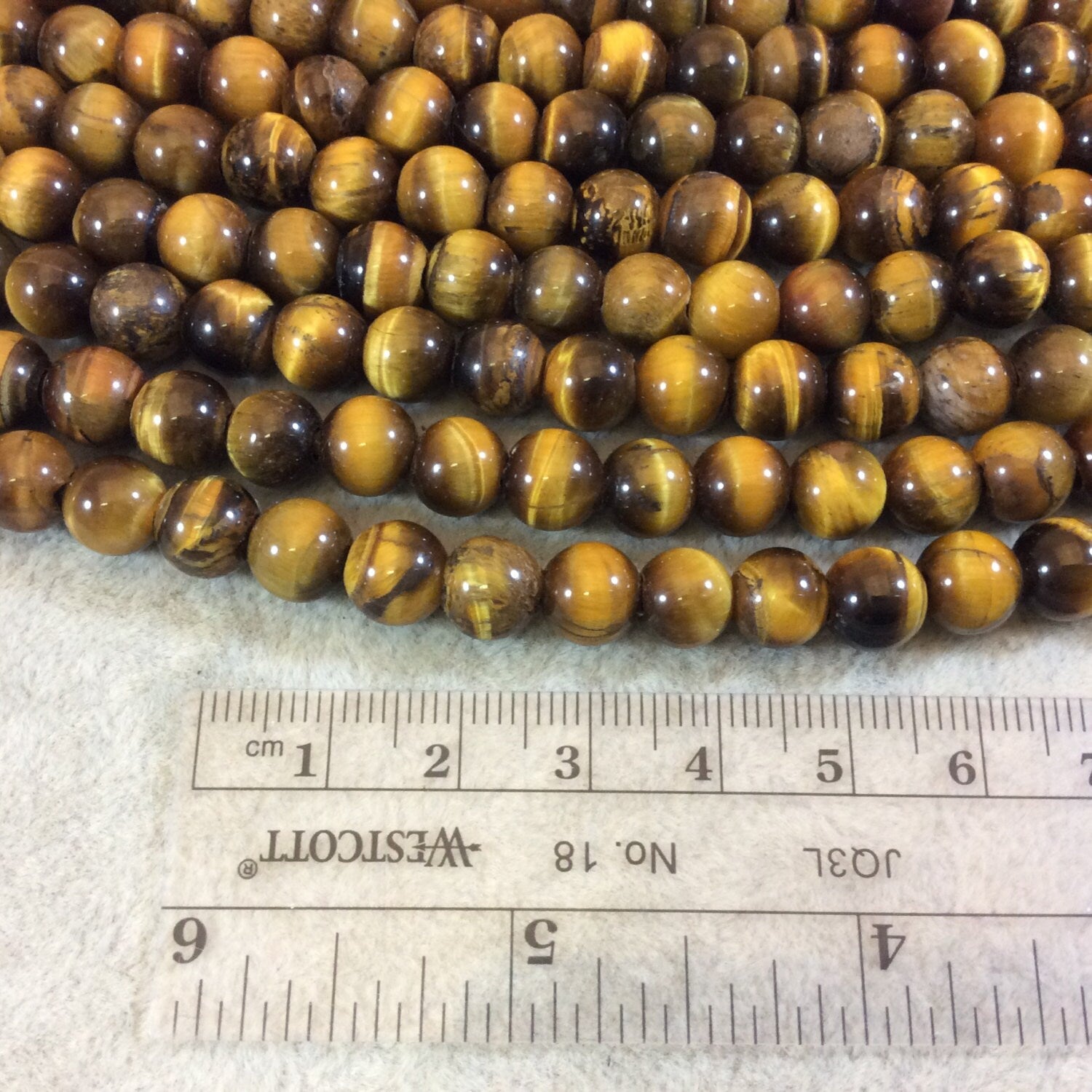 8mm Natural Brown Tiger Eye Smooth Finish Round/Ball Shaped Beads with 2.5mm Holes - 7.75" Strand (Approx. 25 Beads) - LARGE HOLE BEADS