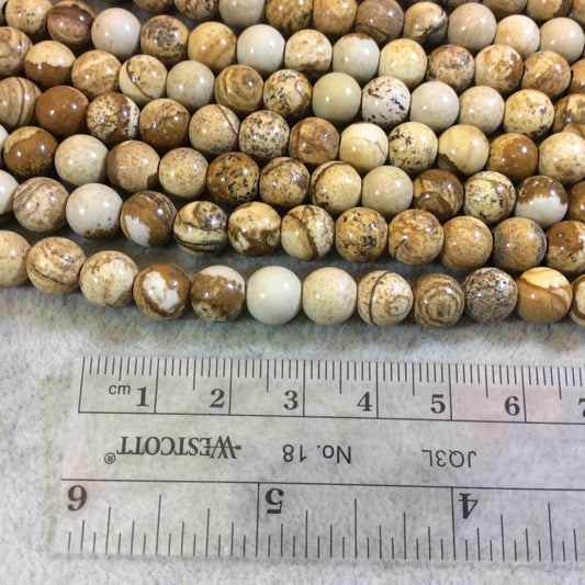 8mm Natural Picture Jasper Smooth Finish Round/Ball Shaped Beads with 2.5mm Holes - 7.75" Strand (Approx. 25 Beads) - LARGE HOLE BEADS