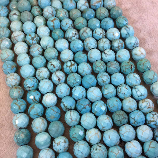 8mm Blue/Turquoise Dyed Howlite Faceted Round/Ball Shaped Beads with 2-2.5mm Holes - 7.75" Strand (Approx. 25 Beads) - LARGE HOLE BEADS