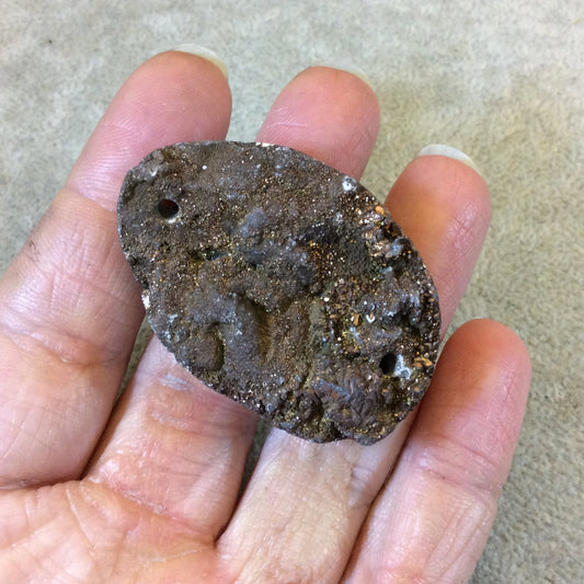 OOAK Metallic Brown Freeform Oval Shaped Chalcedony Galaxy Druzy Dual Drilled Connector Slab Bead - Measuring 32mm x 48mm, Approximately