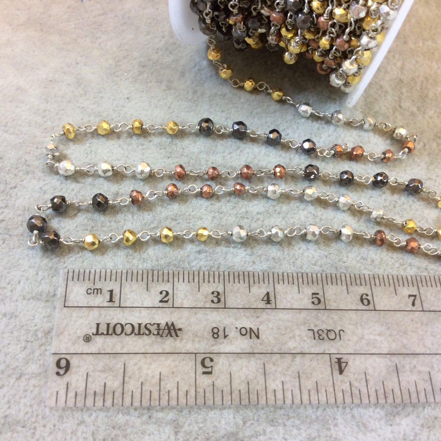 Silver Plated Copper Rosary Chain with 3-4mm Faceted Mixed Pyrite Rondelle Beads - Sold by the Foot, or in Bulk! - Natural Beaded Chain