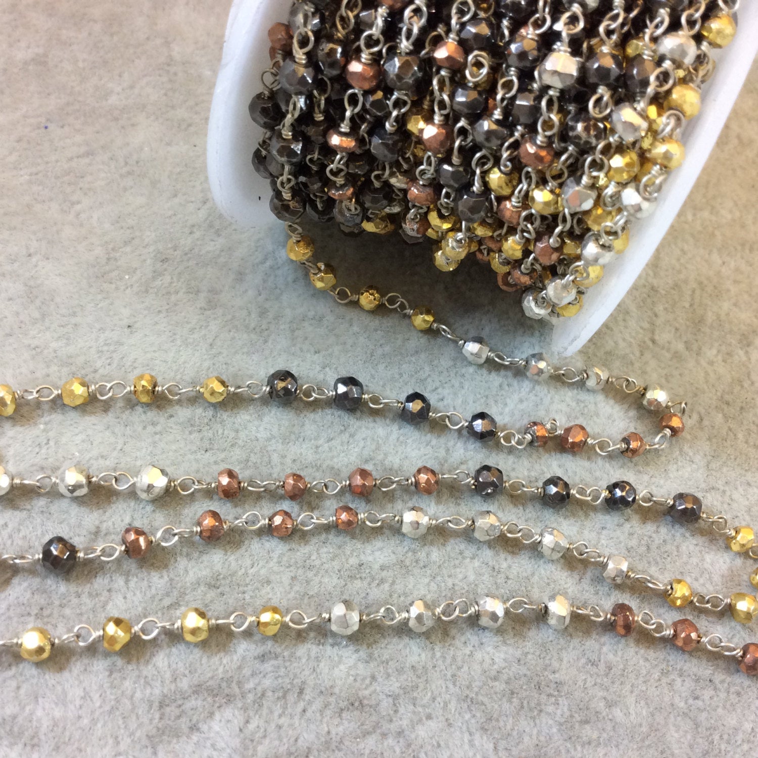 Silver Plated Copper Rosary Chain with 3-4mm Faceted Mixed Pyrite Rondelle Beads - Sold by the Foot, or in Bulk! - Natural Beaded Chain