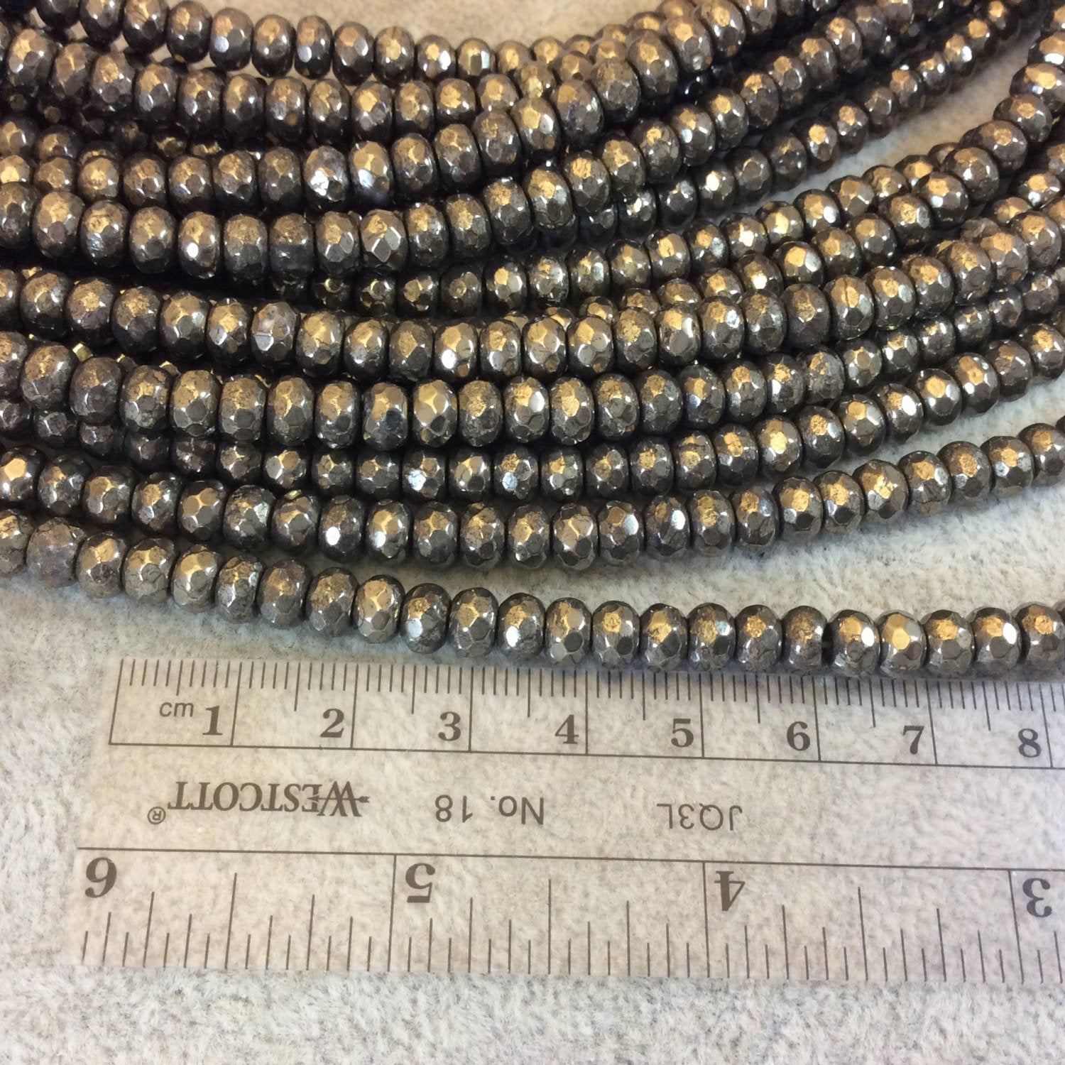 4mm x 6mm Faceted Metallic Pyrite Rondelle Shaped Beads with 1mm Holes - 16" Strand (Approx. 98 Beads) - Natural Semi-Precious Gemstone