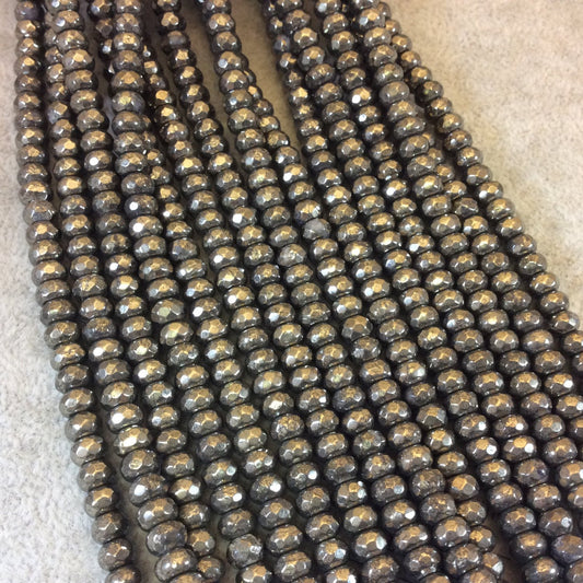 4mm x 6mm Faceted Metallic Pyrite Rondelle Shaped Beads with 1mm Holes - 16" Strand (Approx. 98 Beads) - Natural Semi-Precious Gemstone