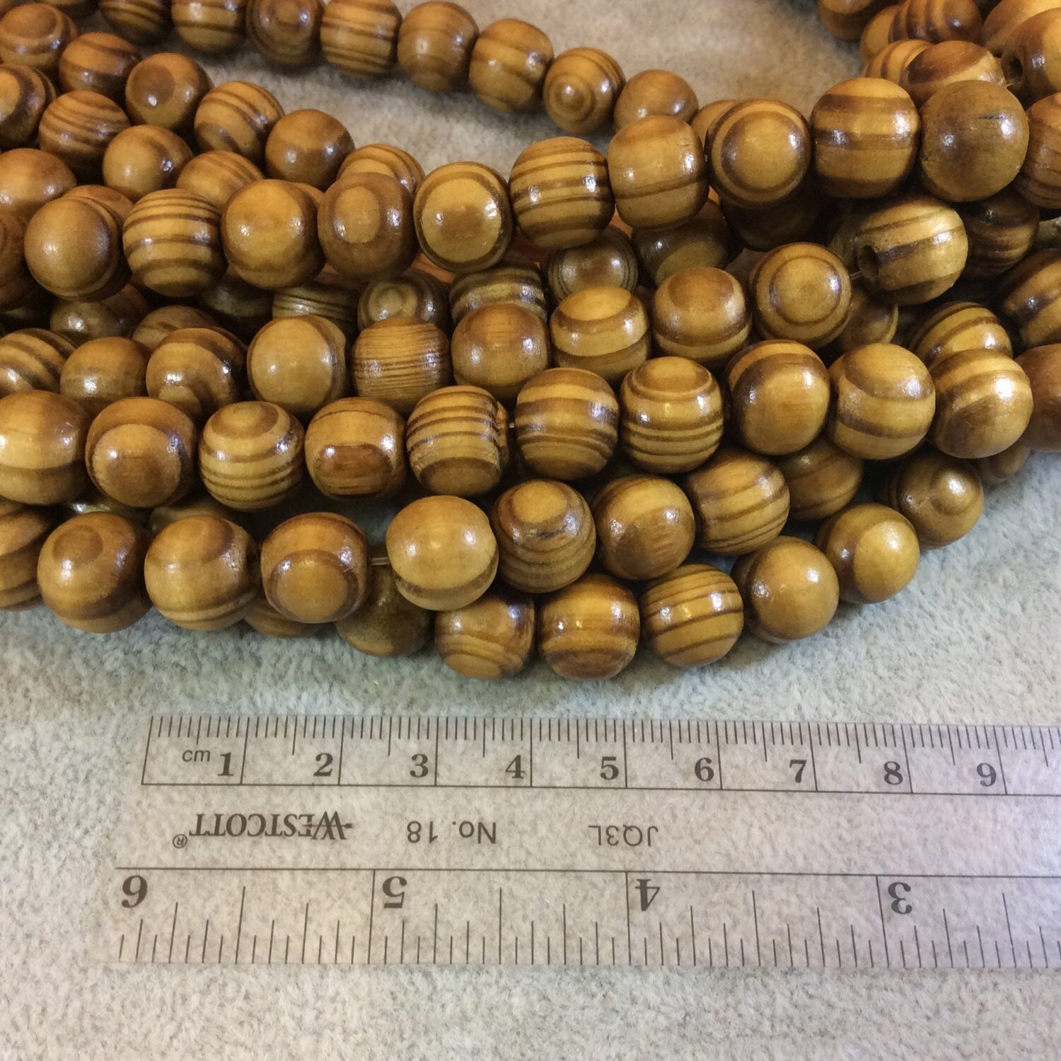 Wood Beads | Round Striped Yellow Brown Wooden Beads with 2mm Holes - 6mm 8mm 10mm 12mm Available