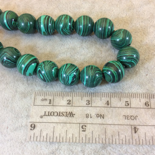 12mm Synthetic Malachite (Manmade) Smooth Finish Round/Ball Beads with 2.5mm Holes - 7.75" Strand (Approx. 20 Beads) - LARGE HOLE BEADS