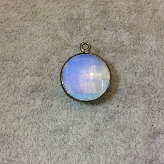 Gunmetal Plated Faceted White Opalite (Manmade Glass) Round/Coin Shaped Bezel Pendant - Measuring 15mm x 15mm - Sold Individually