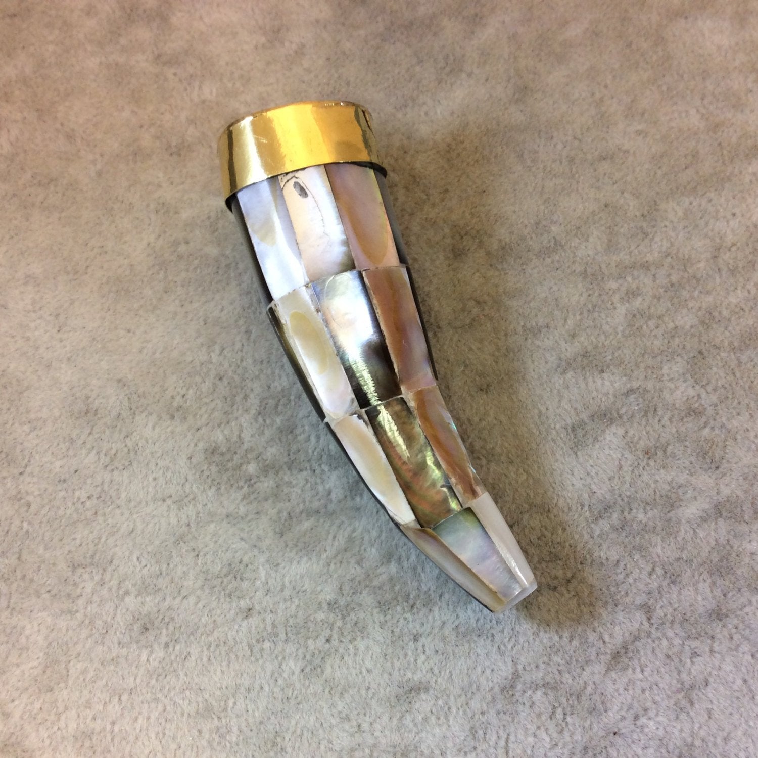 SALE - 3" Iridescent Vertical Stripe Flat Point Round Tusk/Claw Shaped Natural Abalone Pendant with Gold Cap - 23mm x 80mm