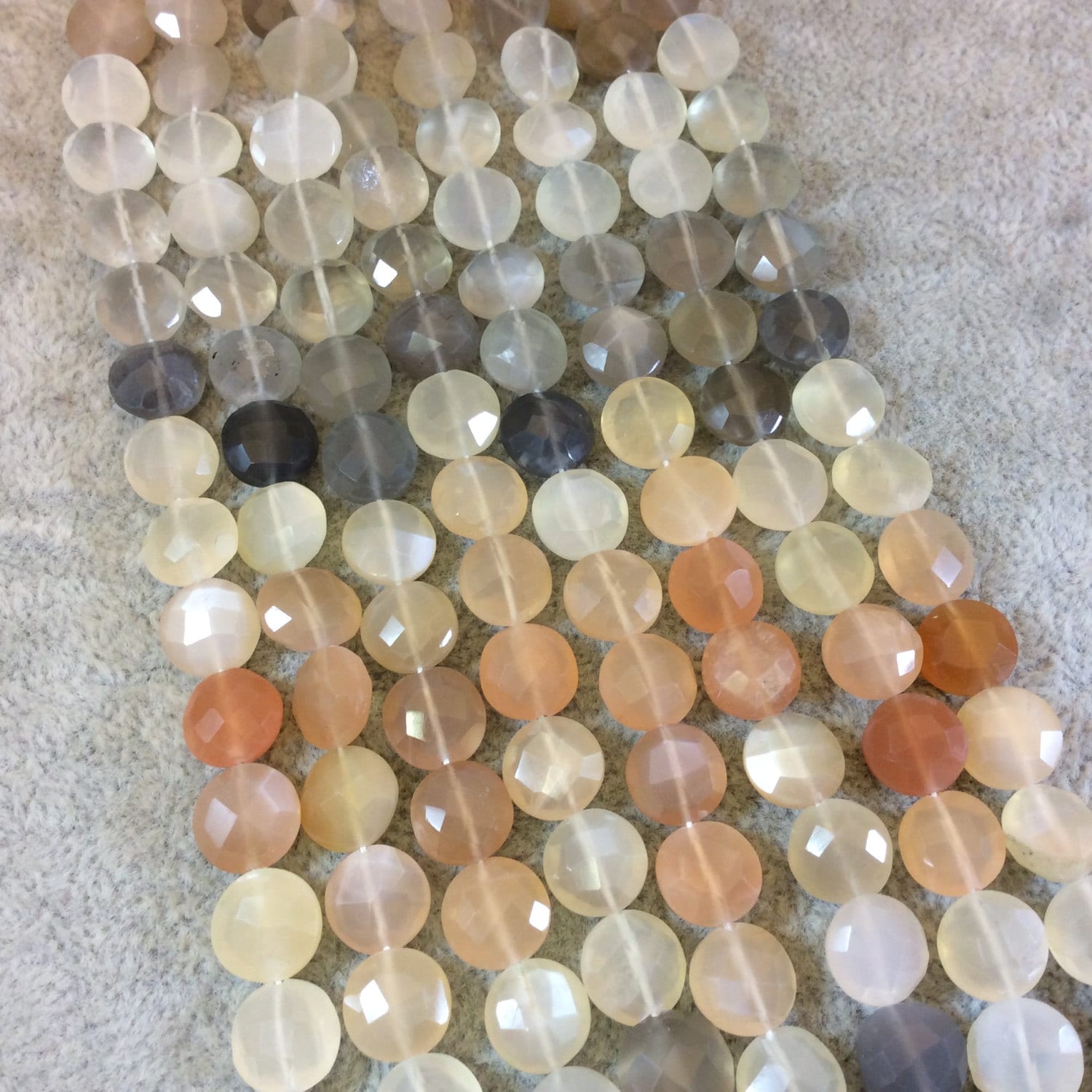 9mm Faceted Assorted Moonstone Flat Coin/Disc Shaped Beads - 9.25" Strand (Approximately 27 Beads) - High Quality Hand-Cut Indian Gemstone