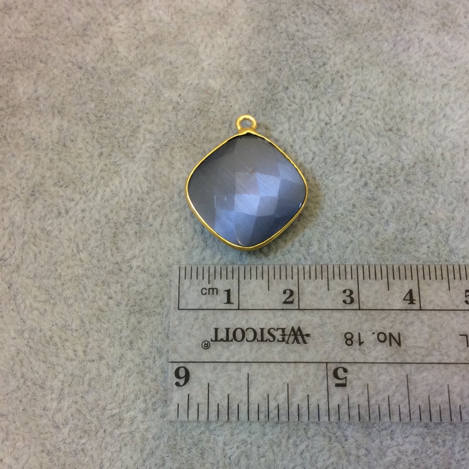 Gold Plated Faceted Synthetic Gray Cat's Eye (Manmade Glass) Diamond Shaped Bezel Pendant - Measuring 18mm x 18mm - Sold Individually