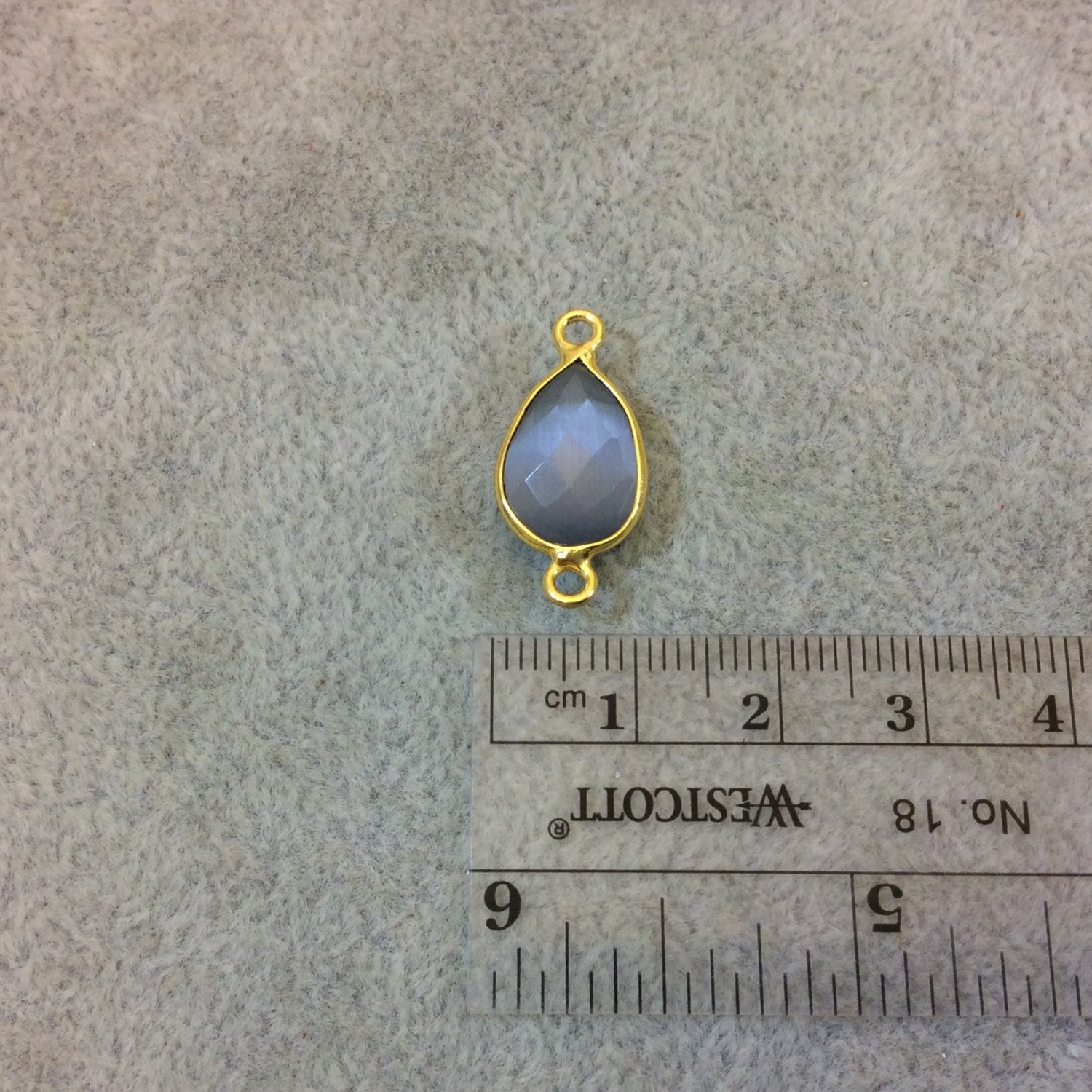 Gold Plated Faceted Synthetic Gray Cat's Eye (Manmade Glass) Pear/Teardrop Shape Bezel Connector - Measuring 10mm x 15mm - Sold Individually