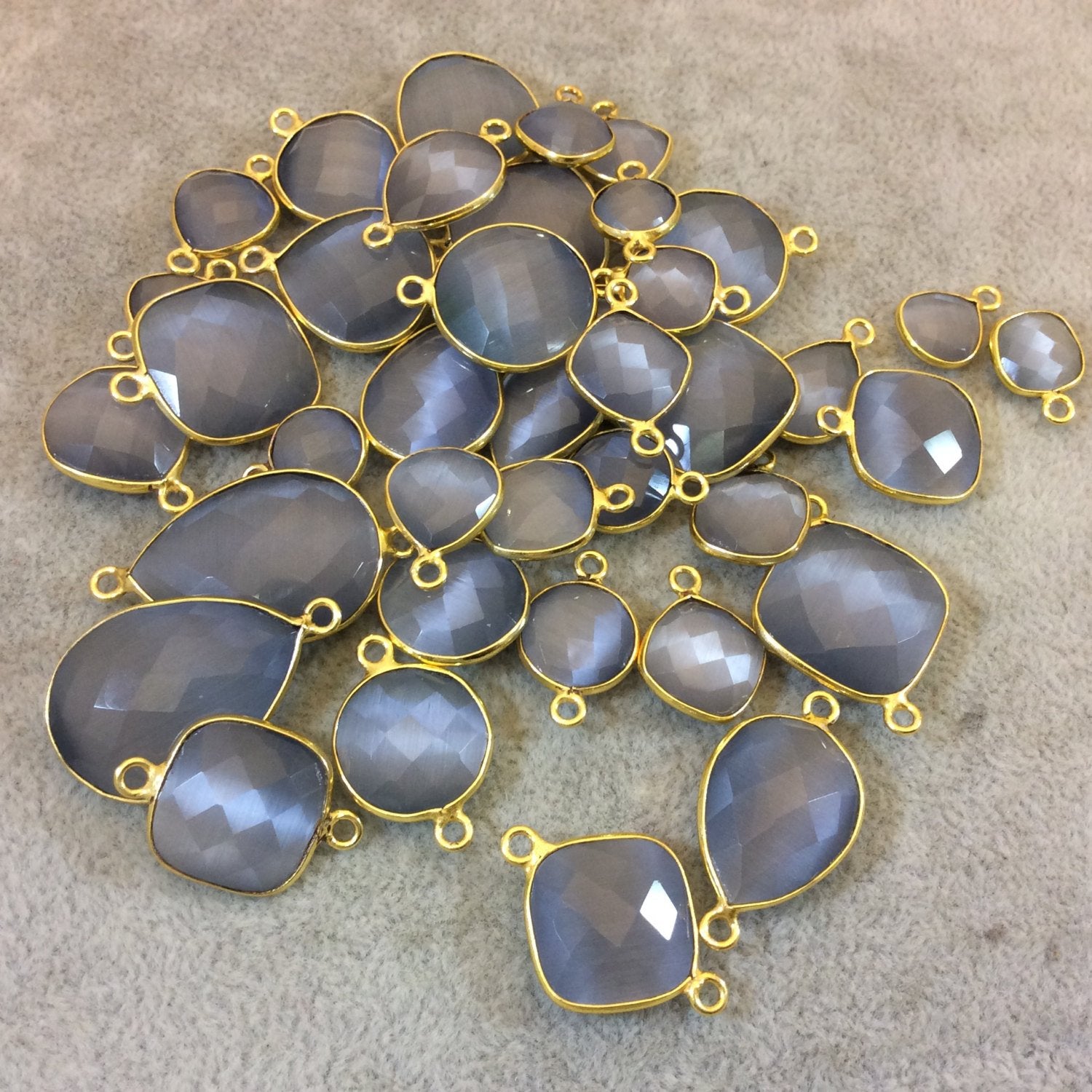 Gold Plated Faceted Synthetic Gray Cat's Eye (Manmade Glass) Pear/Teardrop Shape Bezel Connector - Measuring 15mm x 20mm - Sold Individually