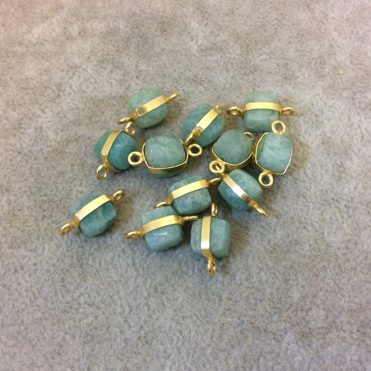 8mm Gold Finish Faceted Natural Minty Green/Blue Amazonite Cube/Square Shaped Plated Copper Bezel Connector/Link - Sold Individually, Random